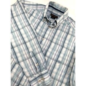 Ariat Large Blue White  Plaid Button Up Long Sleeve Western Cowboy Rodeo Shirt